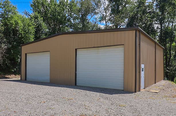 A two-door garage used for storage and a workshop