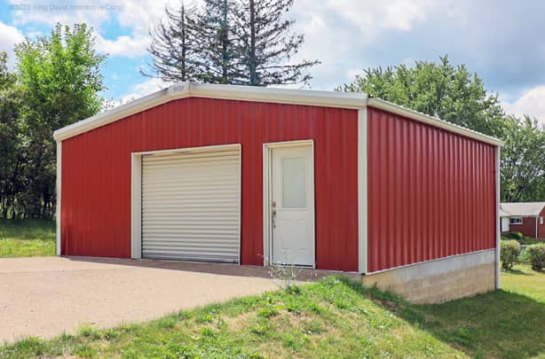 Garage with red wall panels