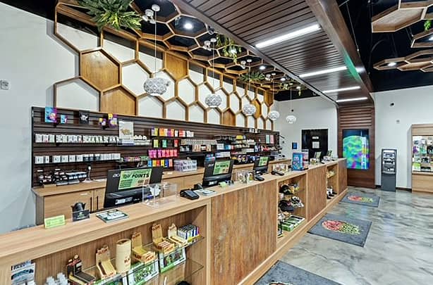 Cannabis store interior by the counter.